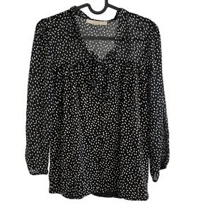 Loft S black dotted 3/4 sleeve lined blouse pullover quarter button tie neck